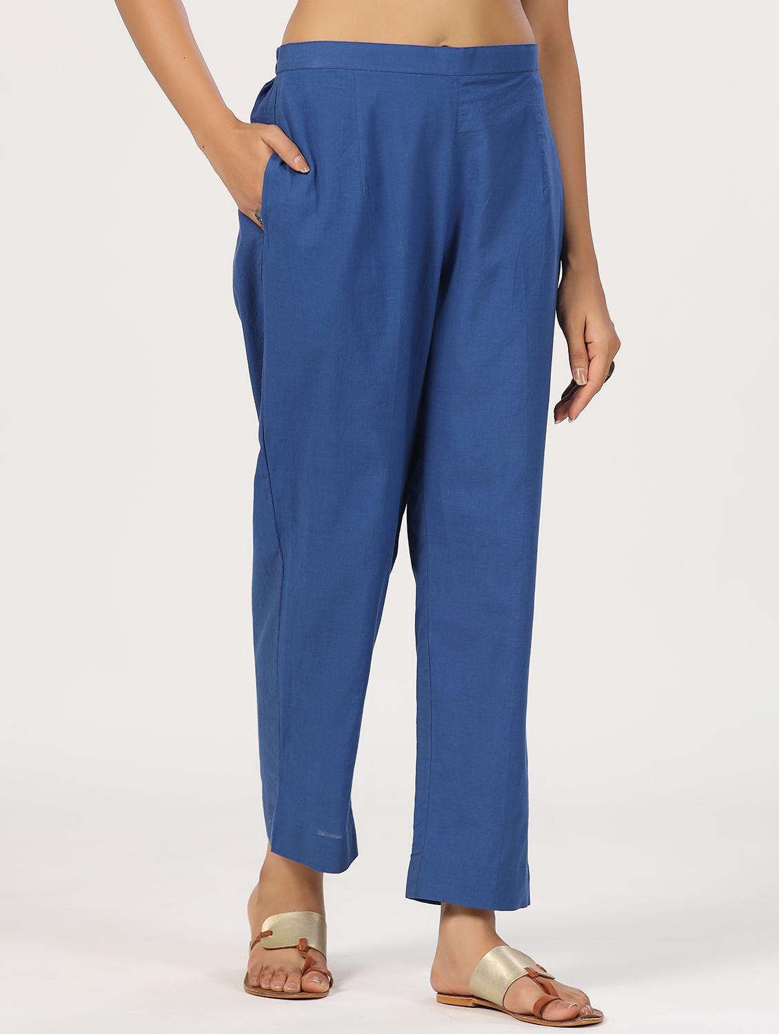 women blue solid mid rise tapered pant - 21956028 - Standard Image - 1