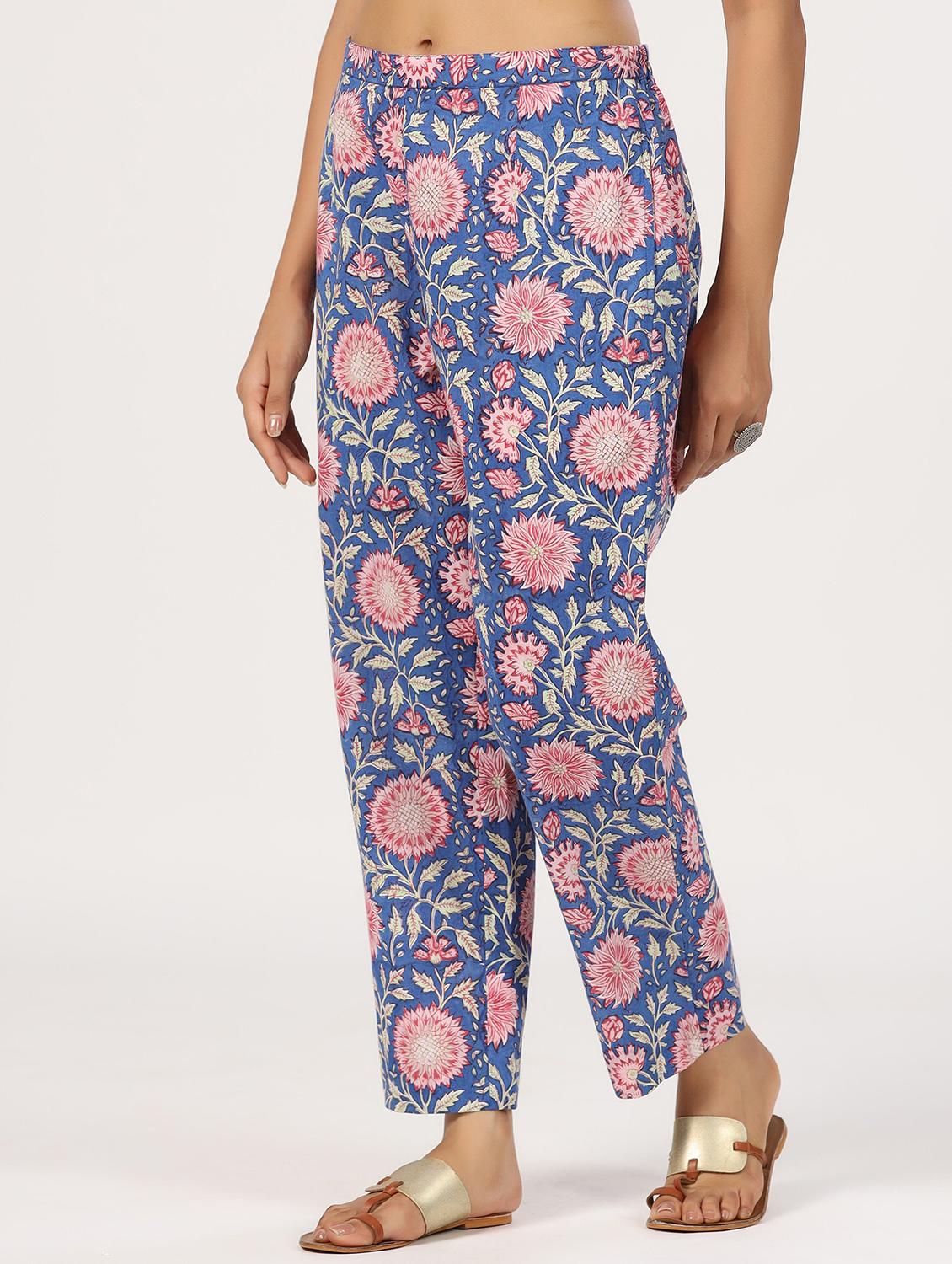 women blue floral printed mid rise tapered pant - 21956034 -  Standard Image - 1