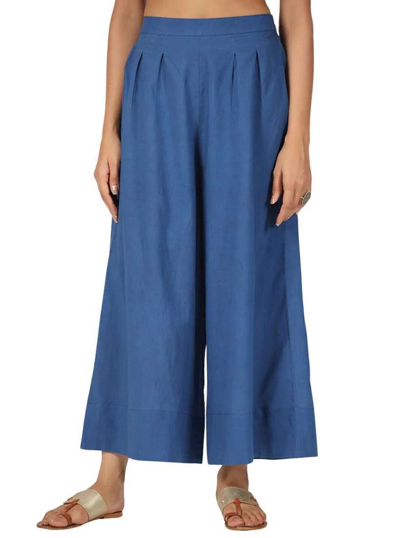 women blue solid mid rise flared palazzo