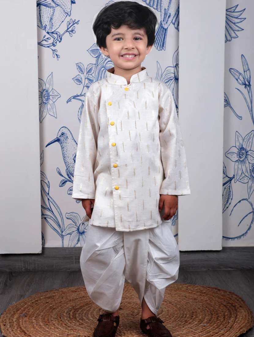 boys self designed long slevee kurta and dhoti set 