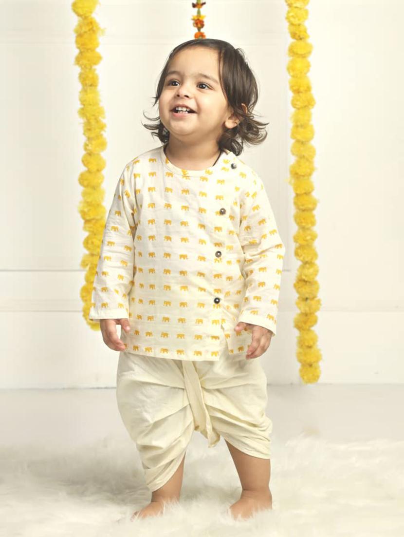 boys printed long sleeve kurta and dhoti set 