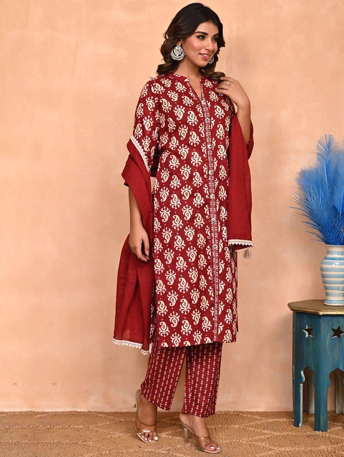 women three quarter sleeve kurta pant with dupatta set - 21956091 -  Standard Image - 1