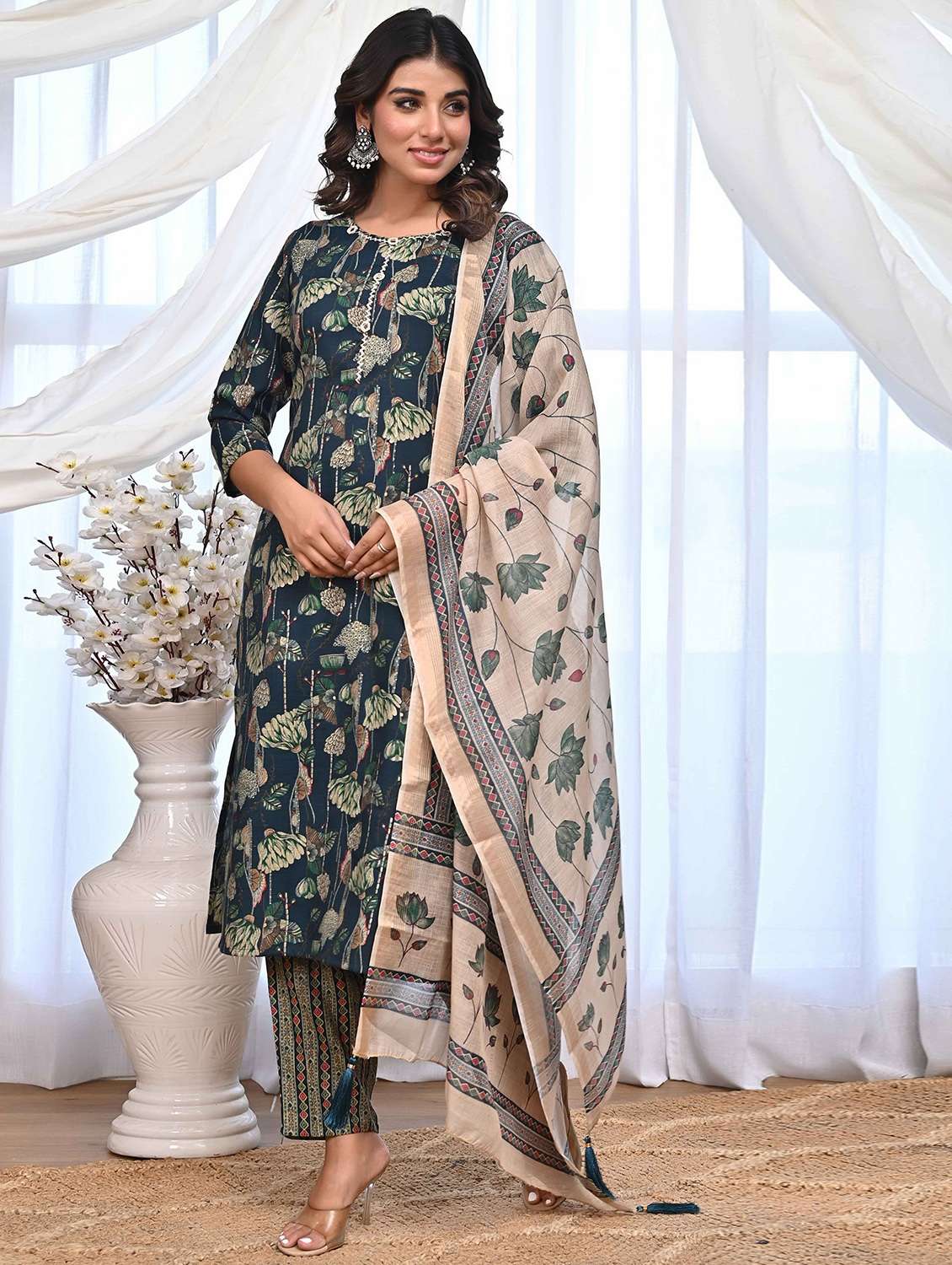 women three quarter sleeve kurta pant with dupatta set - 21956096 -  Standard Image - 1