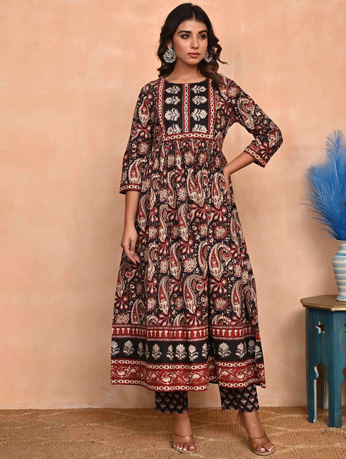 women three quarter sleeve anarkali kurta pant with dupatta set - 21956099 -  Standard Image - 1