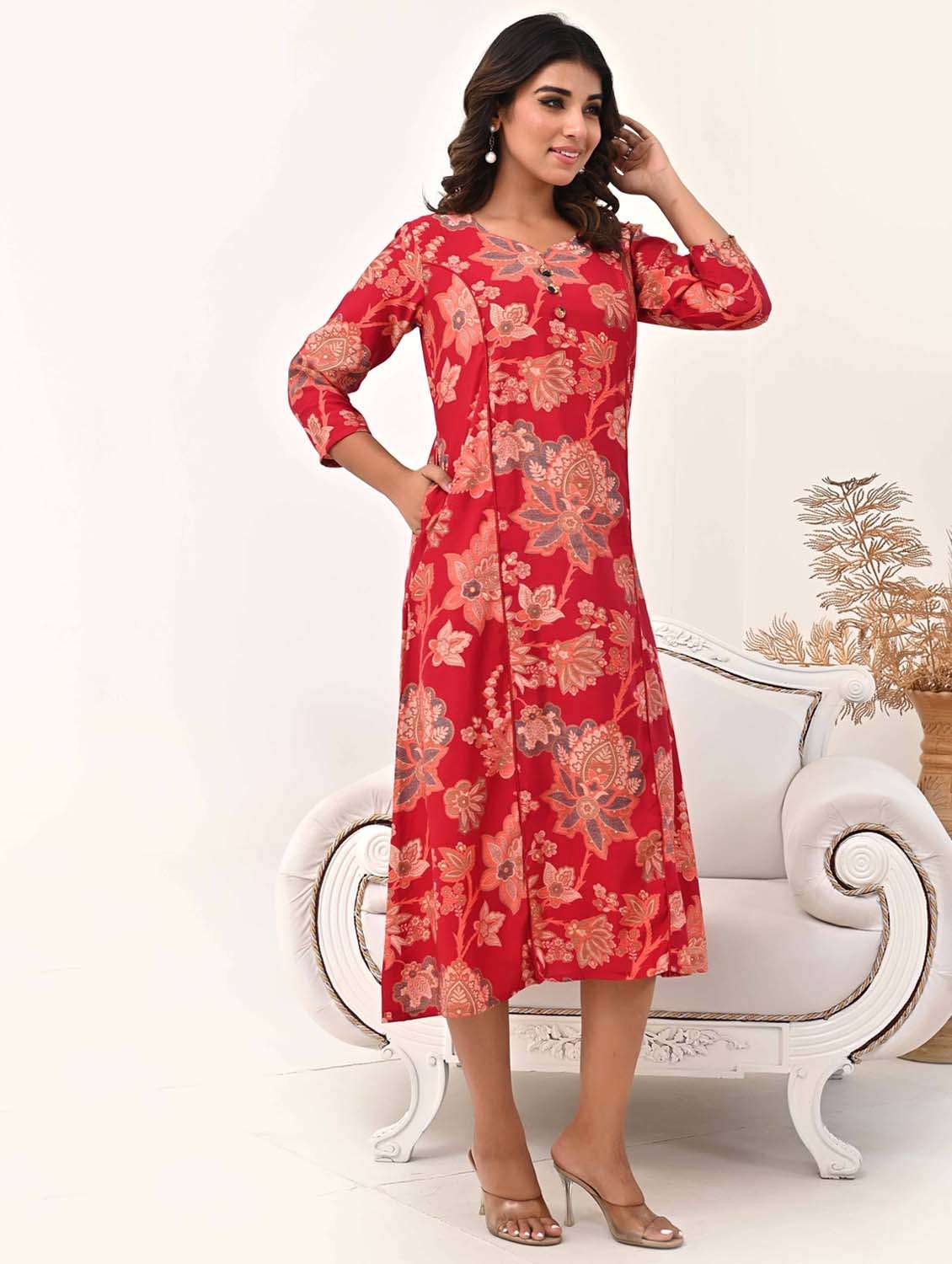 women floral three quarter sleeve a-line kurta - 21956109 - Standard Image - 1