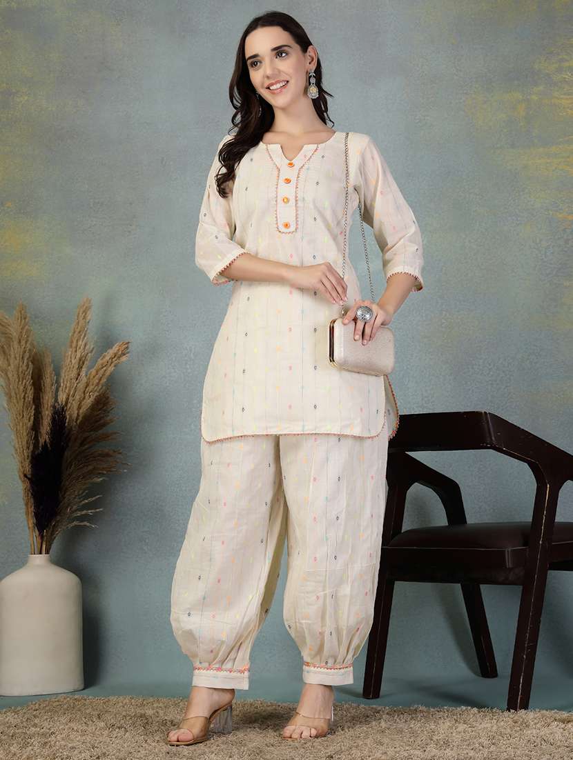 women cream three quarter sleeve kurta salwar set - 21956113 -  Standard Image - 4