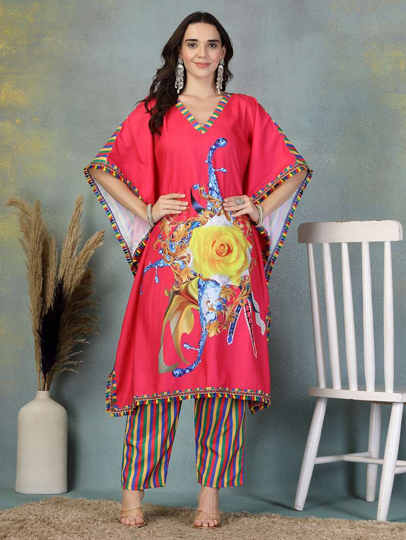 women printed kimono sleeve kaftan kurta pant set