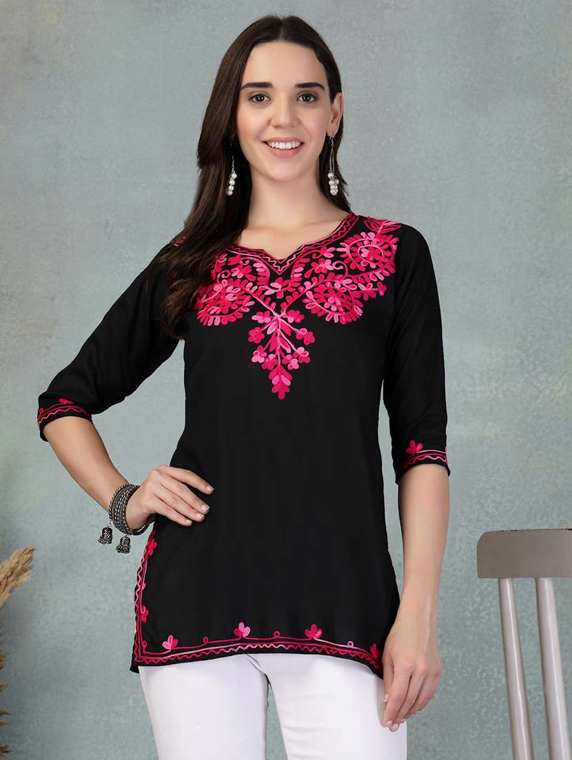 women embroidered three quarter sleeve straight kurti