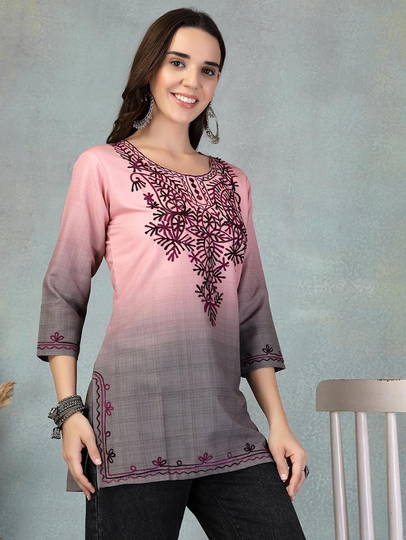 women embroidered three quarter sleeve straight kurti - 21956124 - Standard Image - 1