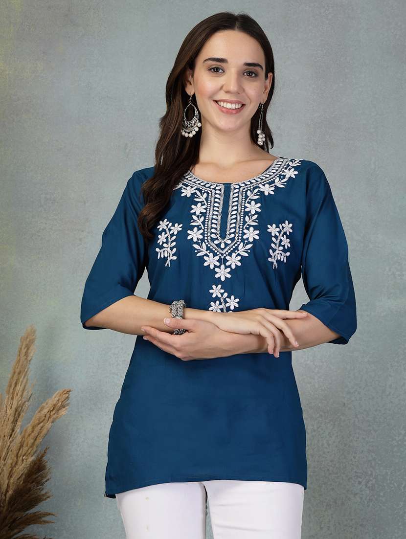 women embroidered three quarter sleeve straight kurti