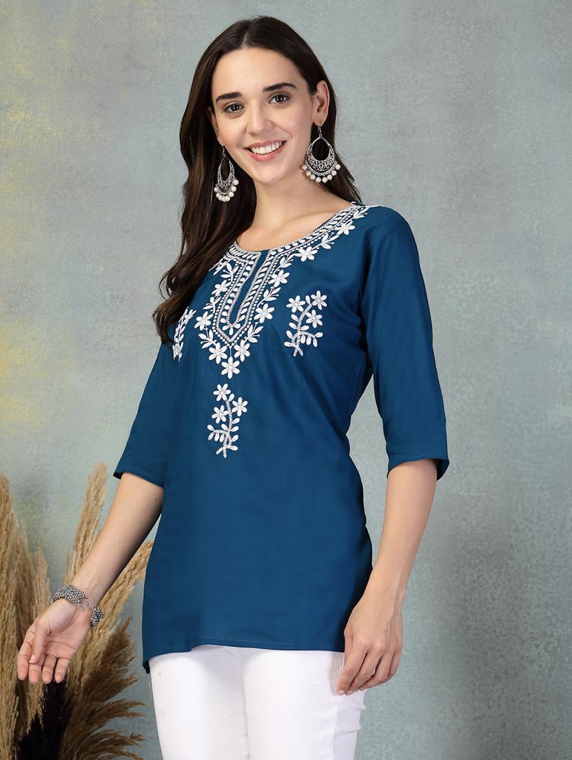 women embroidered three quarter sleeve straight kurti - 21956127 -  Standard Image - 1