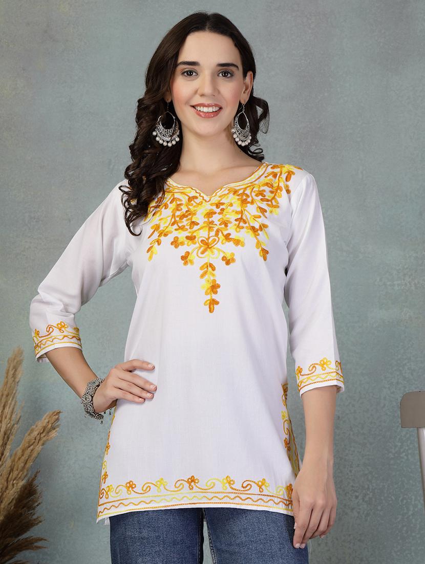 women embroidered three quarter sleeve straight kurti