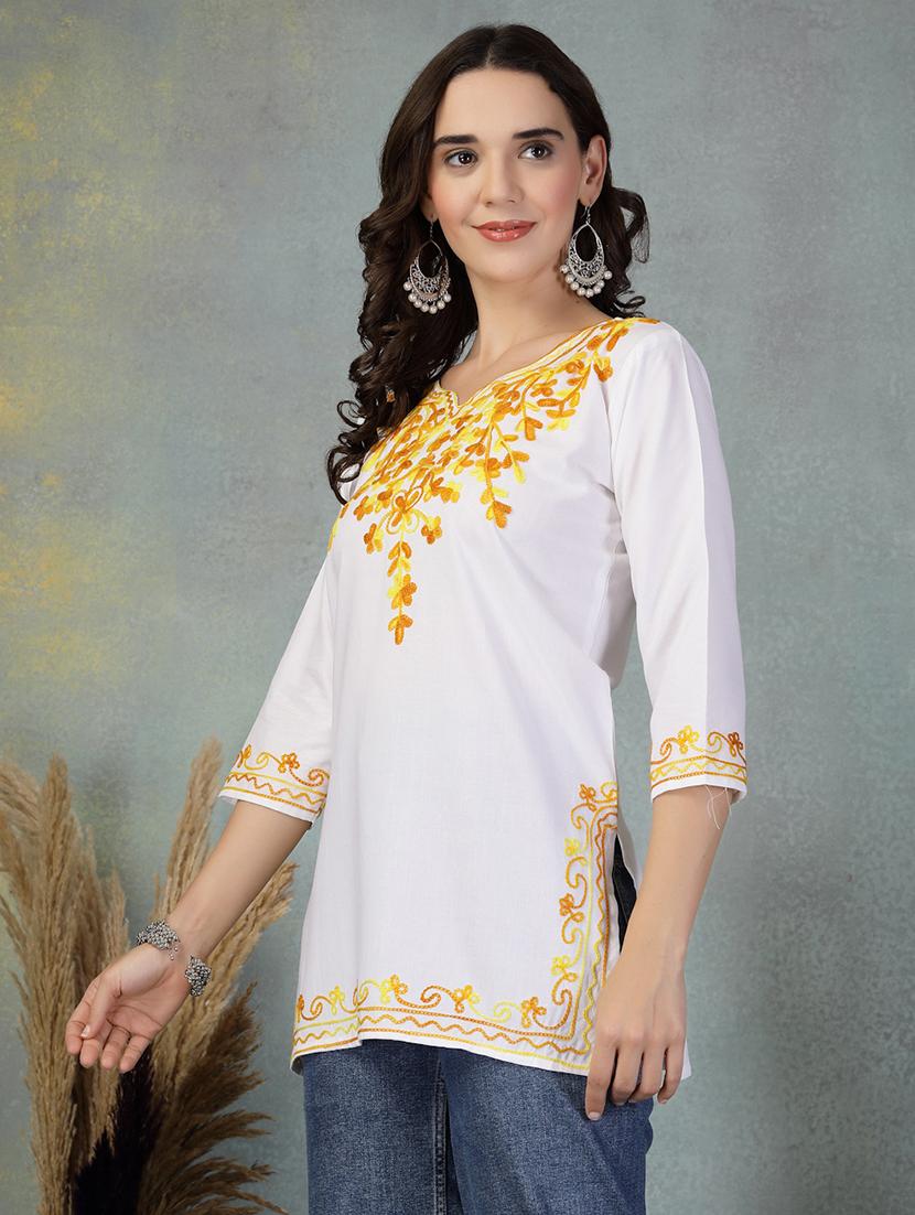 women embroidered three quarter sleeve straight kurti - 21956135 -  Standard Image - 1