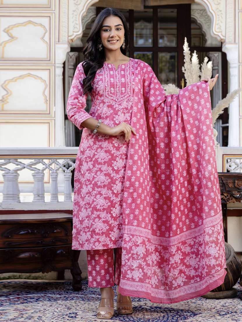 women three quarter sleeve kurta pant with dupatta set