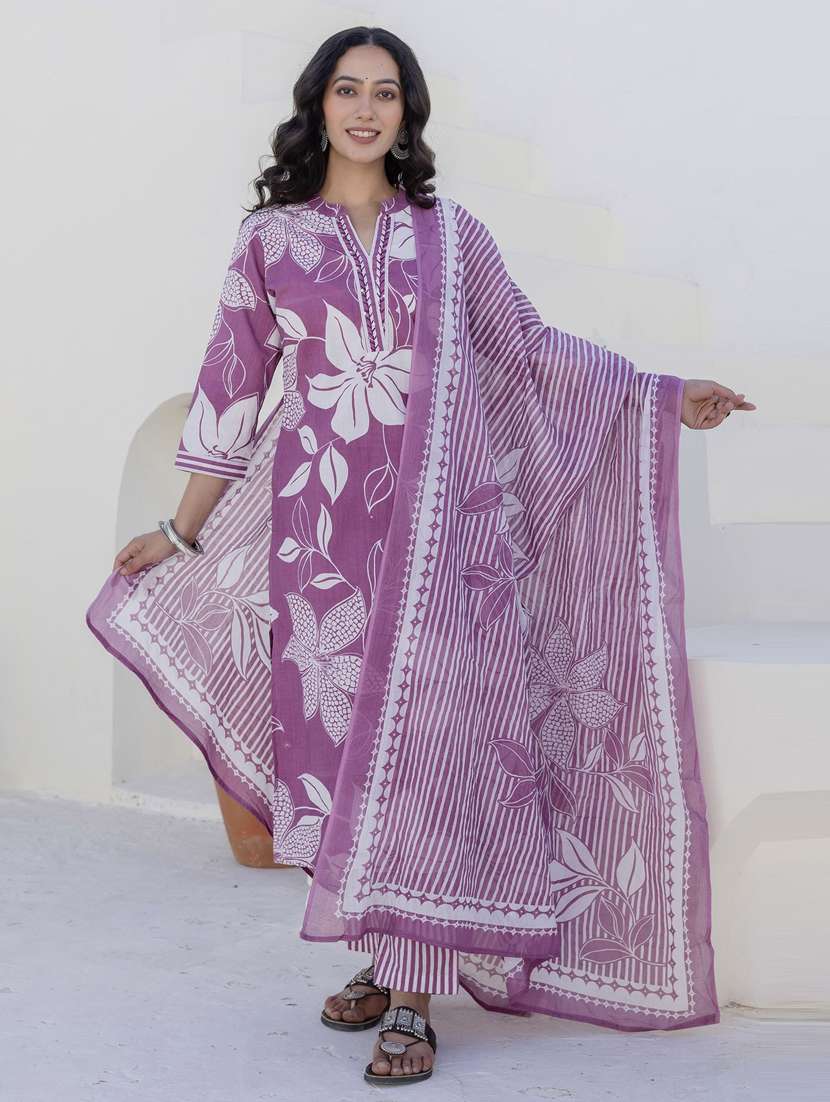 women three quarter sleeve kurta pant with dupatta set