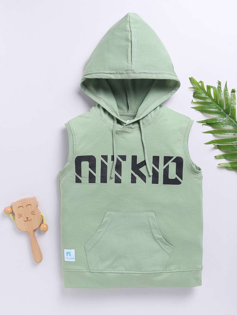 boys printed sleeveless regular fit hooded t-shirt