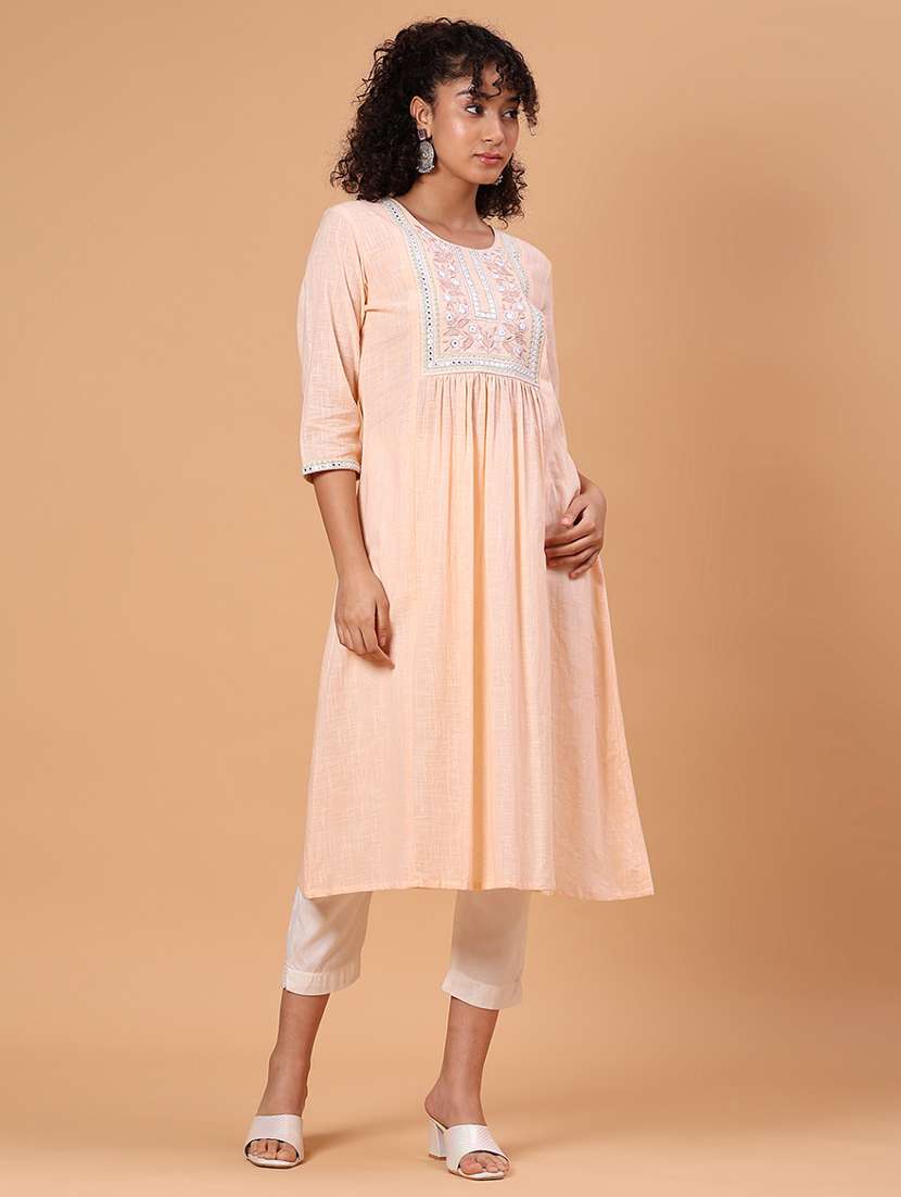 women embroidered three quarter sleeve a-line kurta 