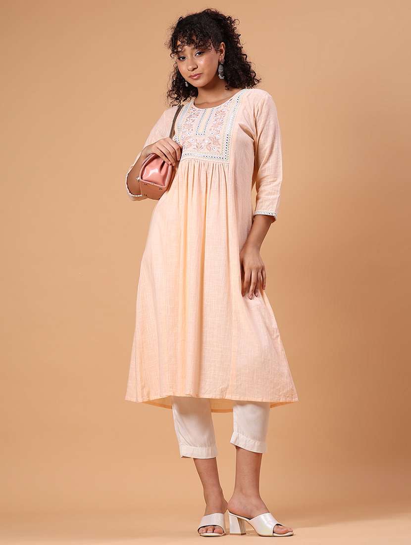 women embroidered three quarter sleeve a-line kurta  - 21956313 -  Standard Image - 1