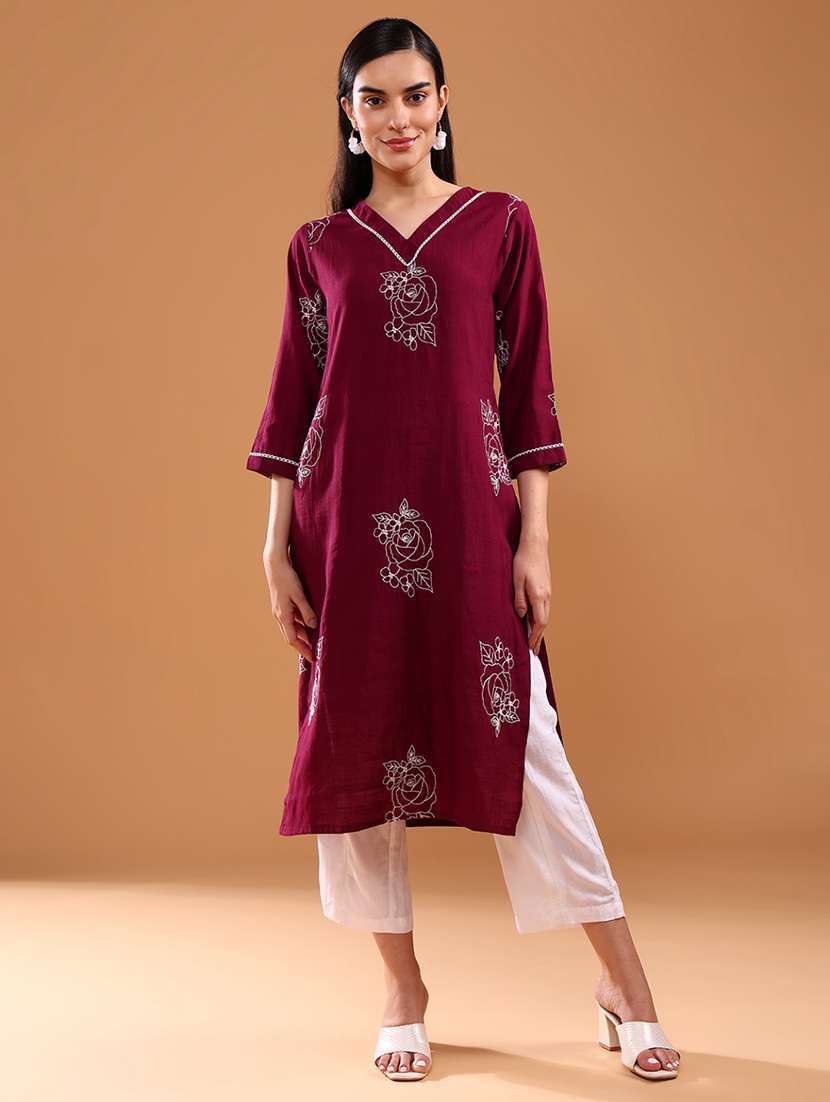 women three quarter sleeve straight kurta - 21956346 -  Standard Image - 1