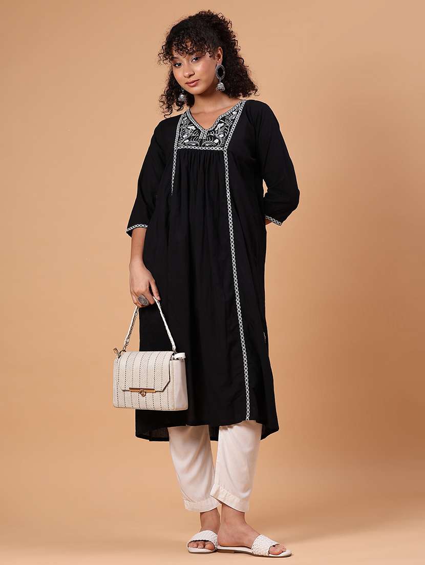 women embroidered three quarter sleeve a-line kurta  - 21956348 -  Standard Image - 1