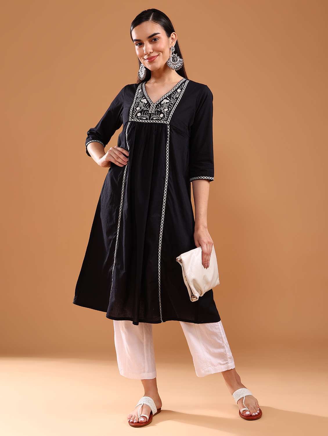 women embroidered three quarter sleeve a-line kurta - 21956348 - Standard Image - 6