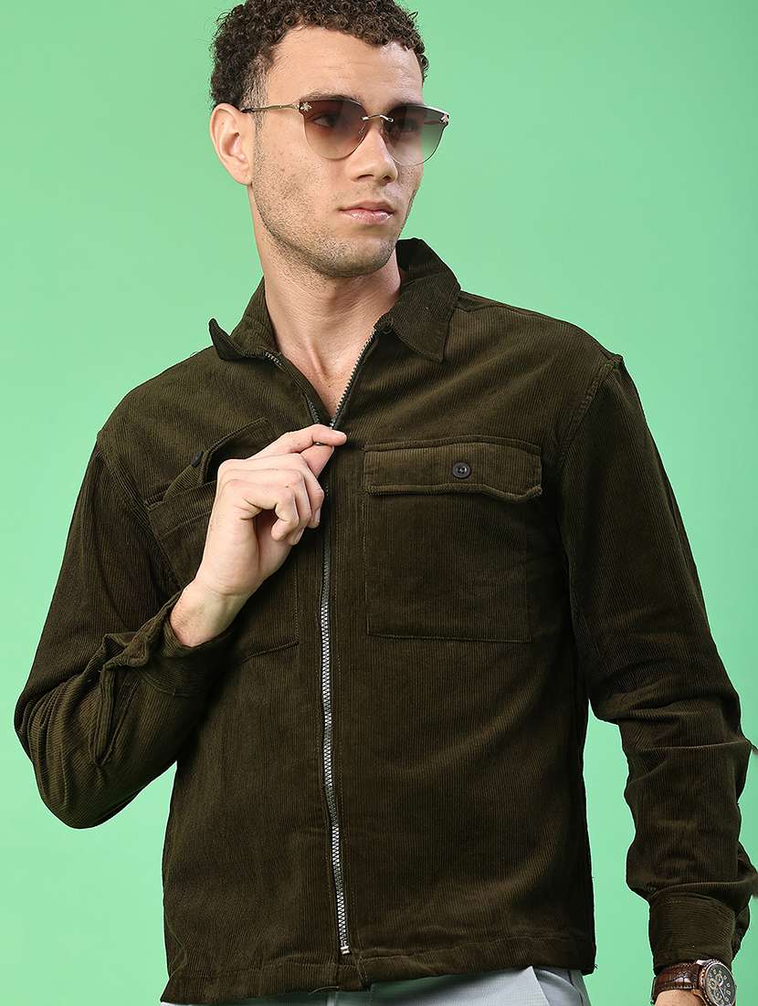 men solid collared long sleeve shacket