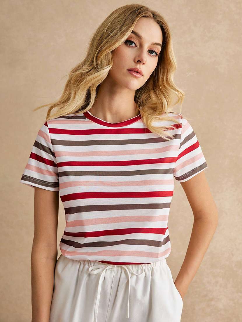 women striped crew neck short sleeve top - 21956395 -  Standard Image - 1