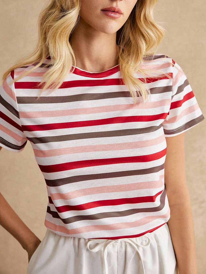women striped crew neck short sleeve top - 21956395 -  Standard Image - 4