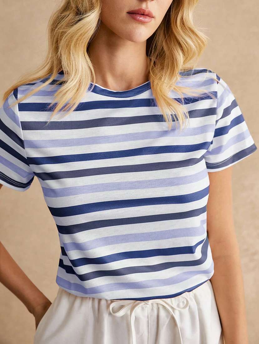 women striped round neck short sleeve top - 21956398 -  Standard Image - 4