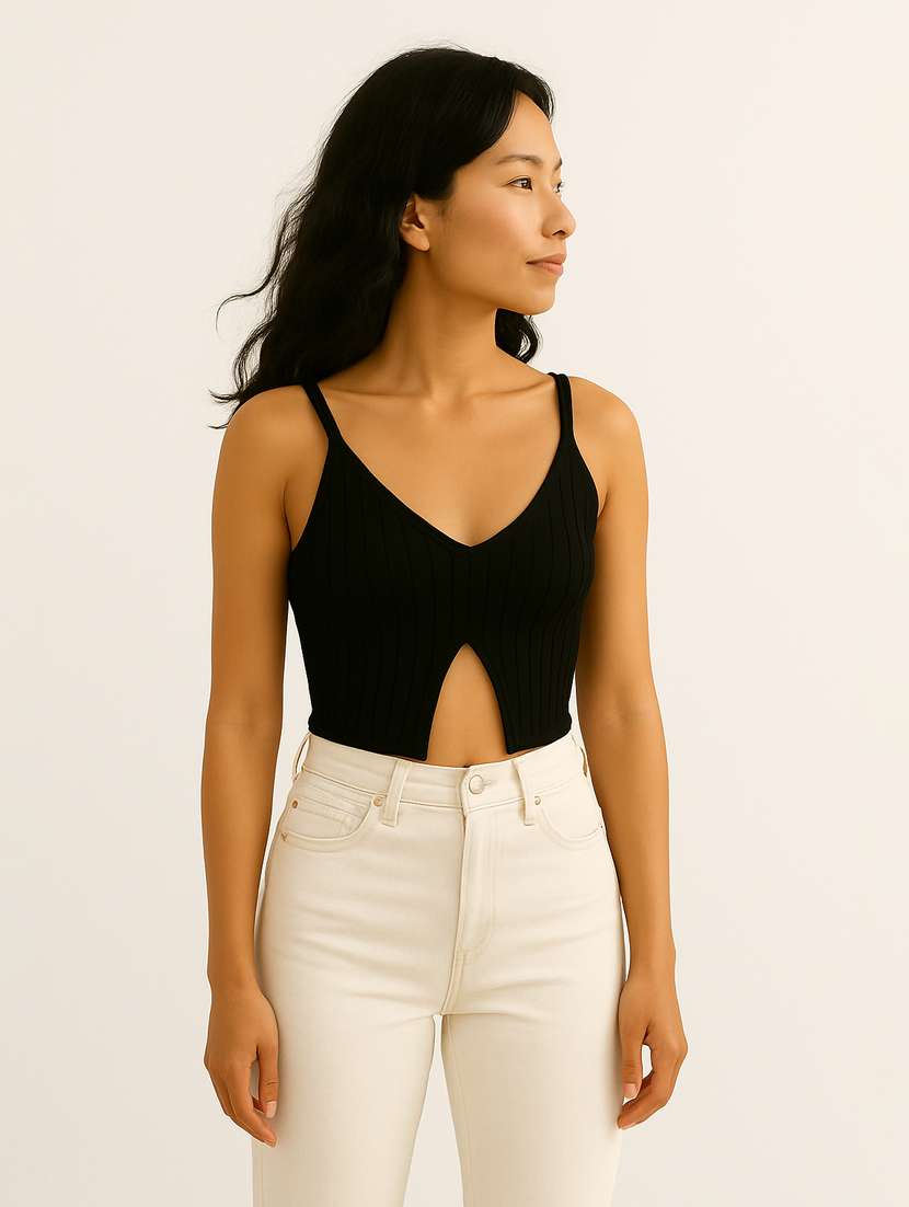women black solid shoulder strap crop top - 21956409 - Standard Image - 1
