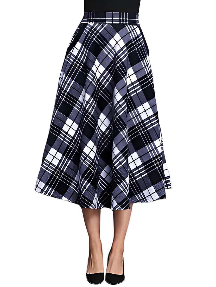 women blue checkered high rise flared skirt - 21956427 - Zoom Image - 0
