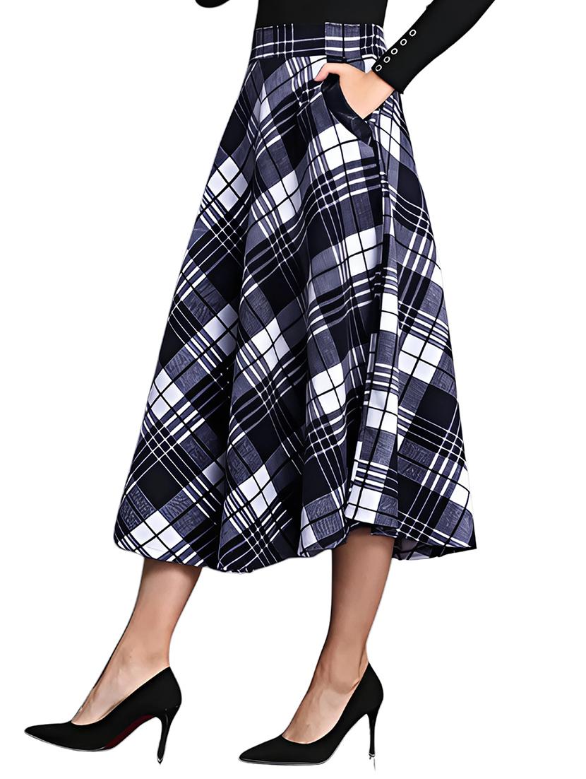 women blue checkered high rise flared skirt - 21956427 -  Standard Image - 1