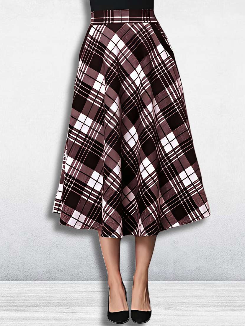 women checkered mid rise flared skirt
