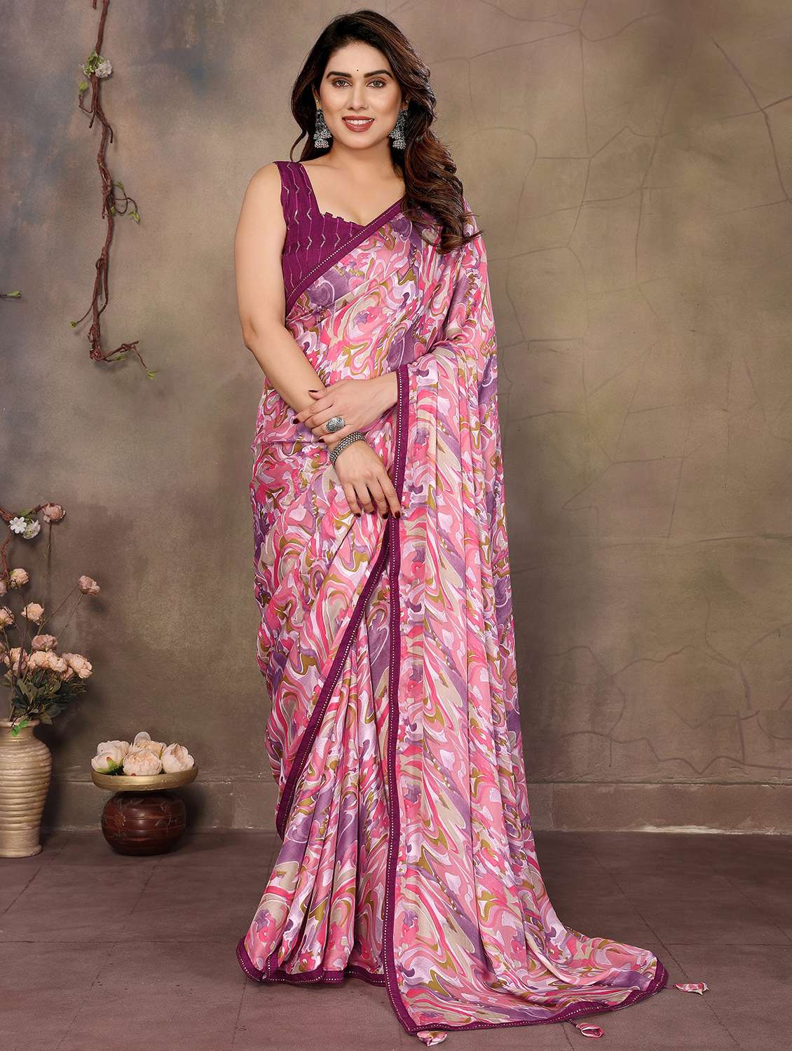 women pink printed saree with blouse