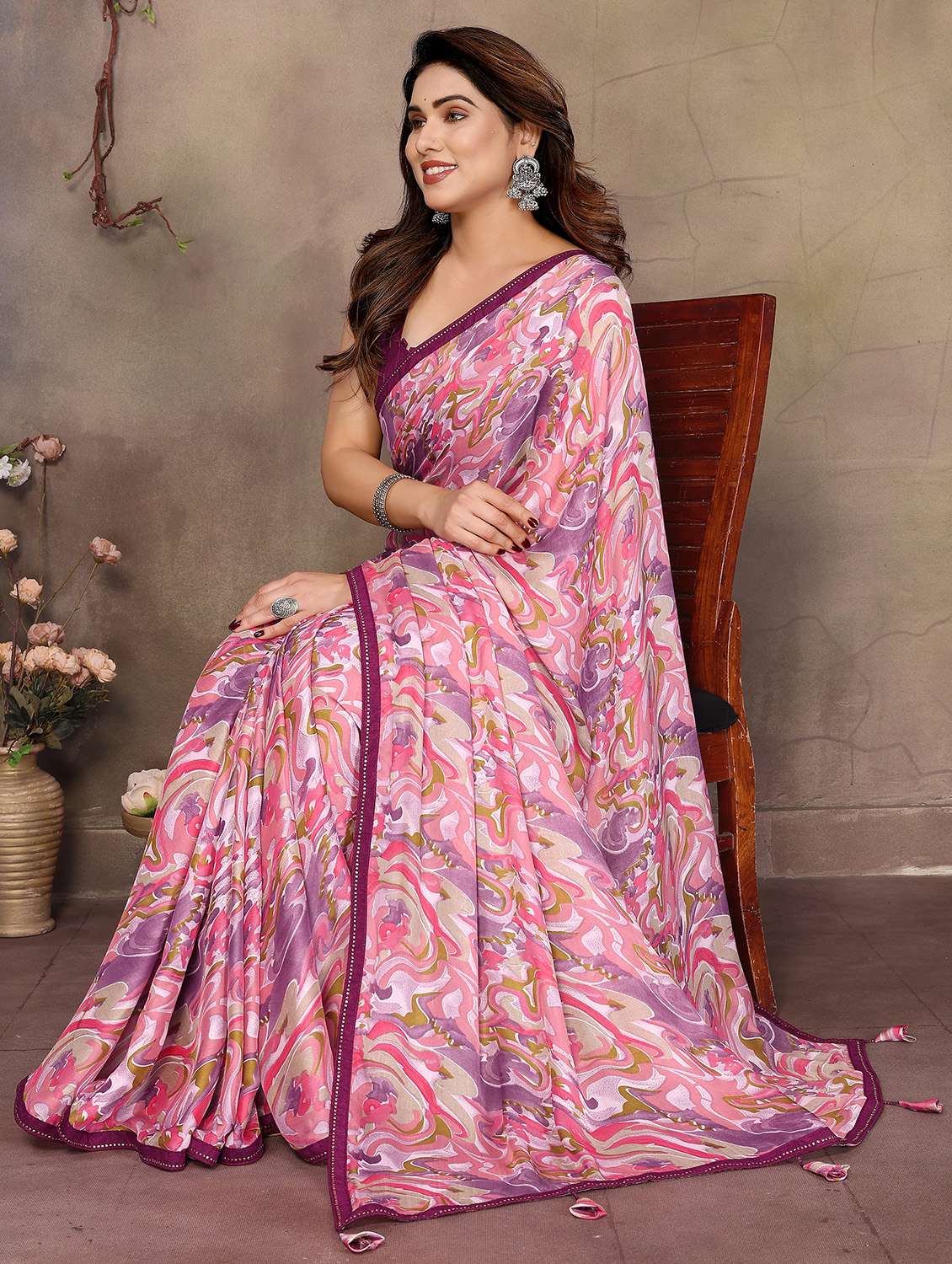 women pink printed saree with blouse - 21956472 -  Standard Image - 1