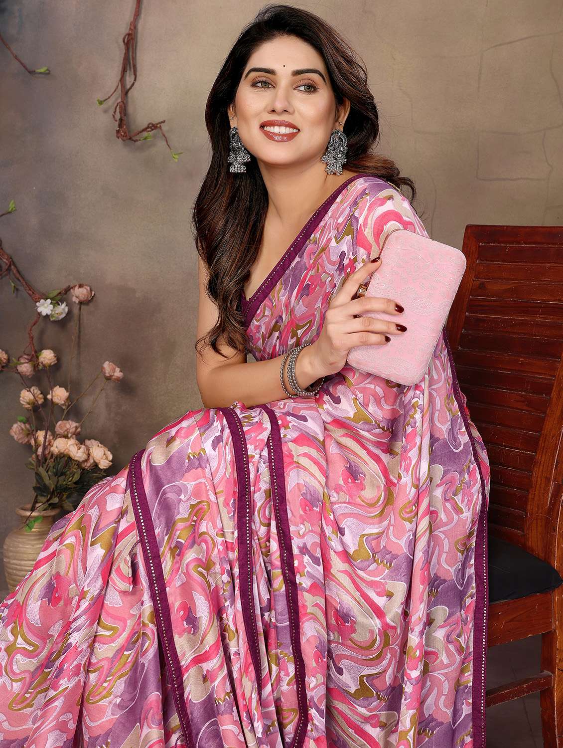 women pink printed saree with blouse - 21956472 -  Standard Image - 4