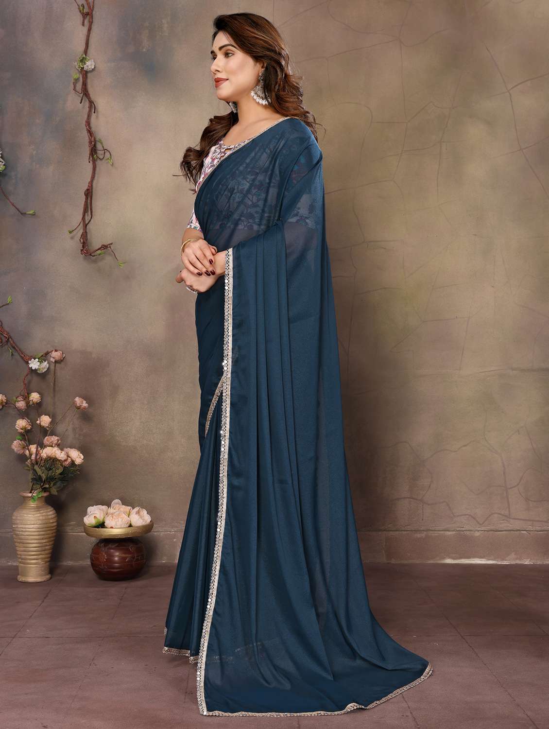 women teal plain saree with blouse - 21956476 -  Standard Image - 1