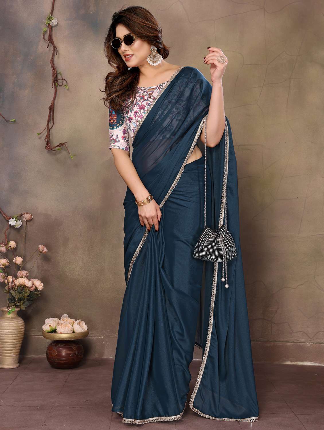 women teal plain saree with blouse - 21956476 -  Standard Image - 4