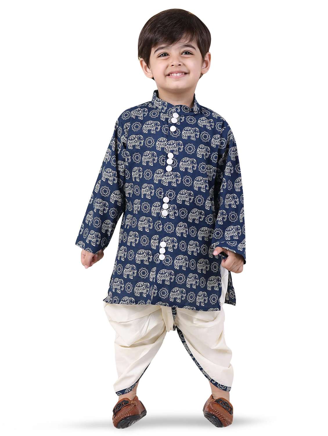 boys printed long sleeve kurta and dhoti set 