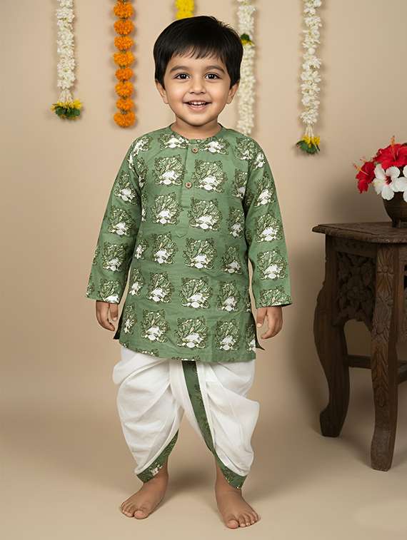 boys printed long sleeve kurta and dhoti set 