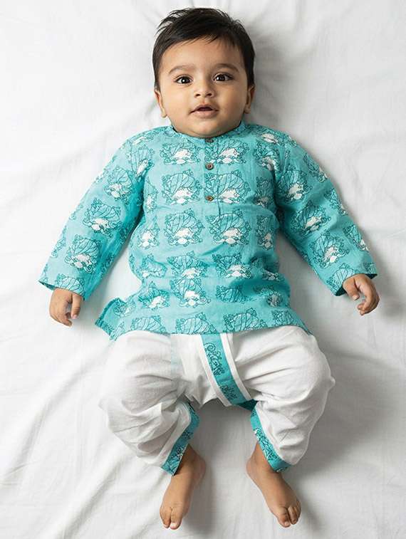 boys printed long slevee kurta and dhoti set 