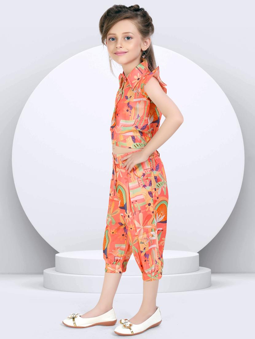 girls peach printed top & trouser co-ord set - 21956492 - Standard Image - 1