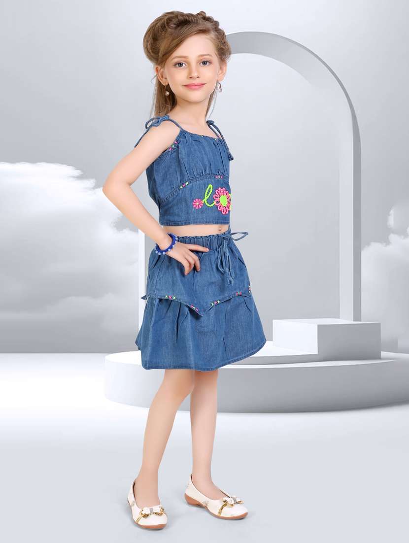 girls blue embroidered skirt & top co-ord set - 21956494 -  Standard Image - 1