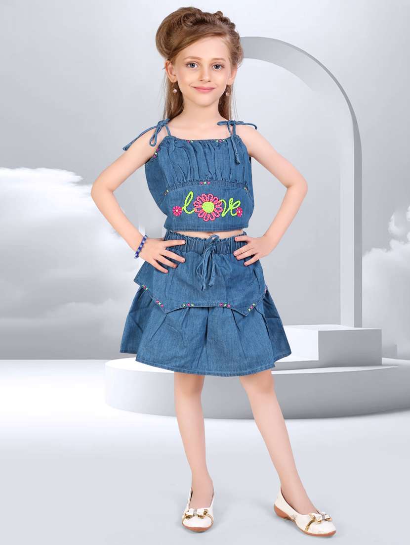 girls blue embroidered skirt & top co-ord set - 21956494 -  Standard Image - 4