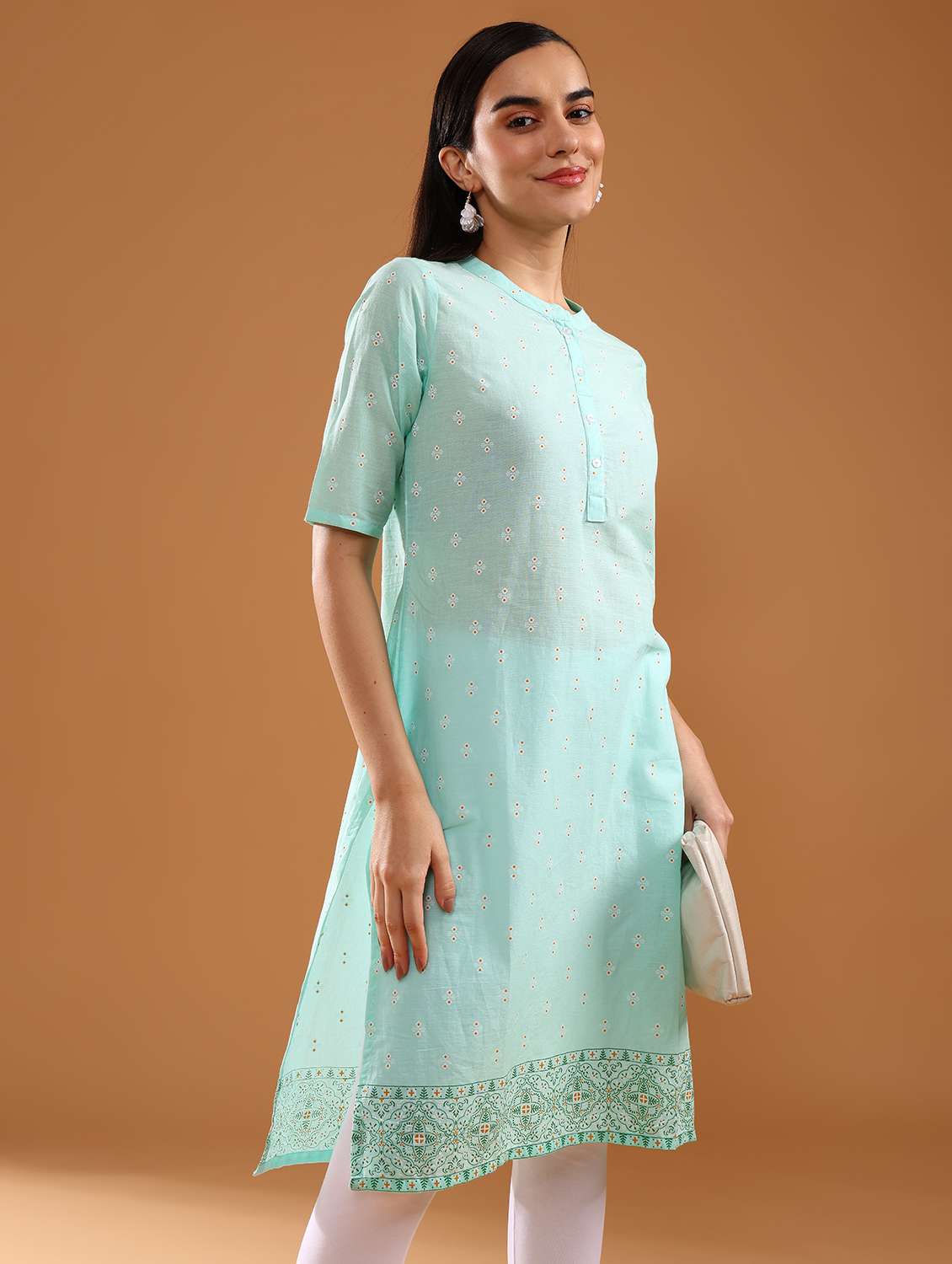 women printed three quarter sleeve straight kurta 