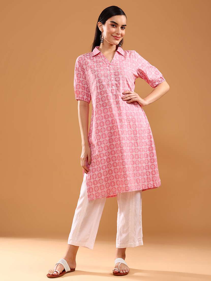women three quarter sleeve straight kurta - 21956533 -  Standard Image - 1