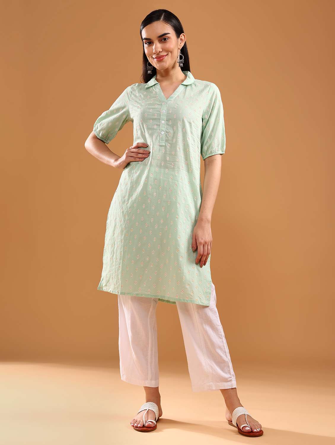women printed three quarter sleeve straight kurta - 21956534 - Standard Image - 1