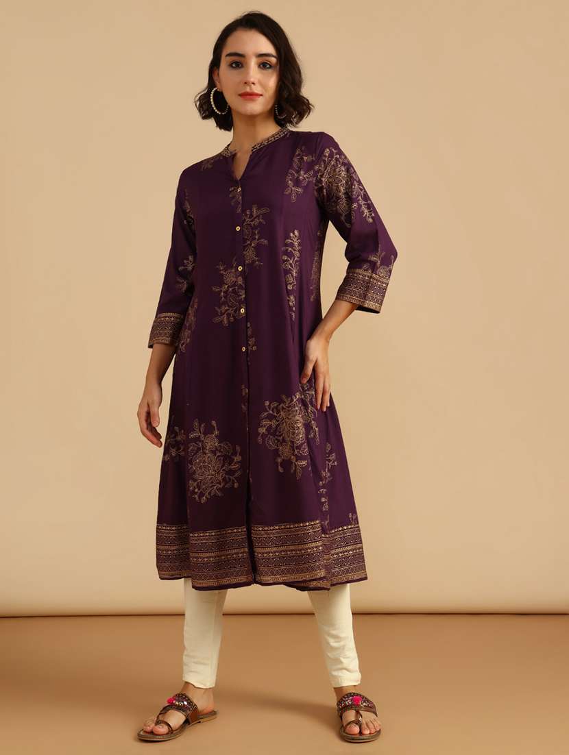 women foil print three quarter sleeve a-line kurta - 21956536 -  Standard Image - 1