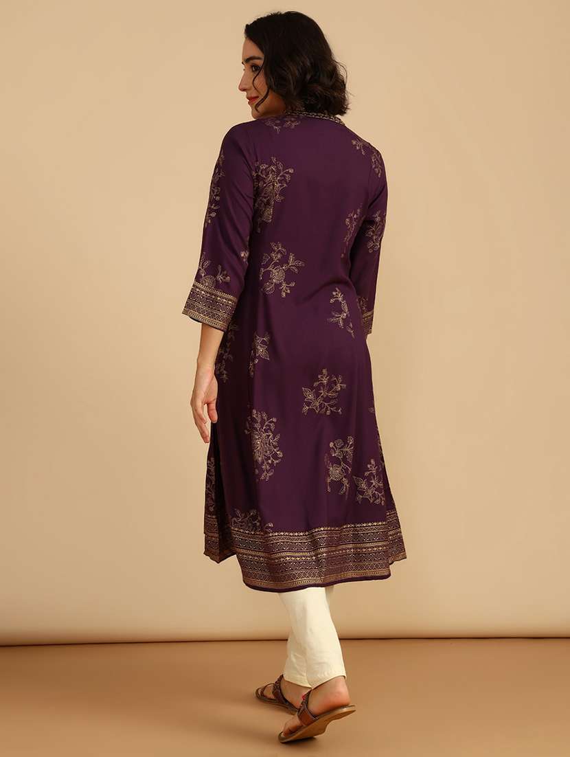 women foil print three quarter sleeve a-line kurta - 21956536 -  Standard Image - 4