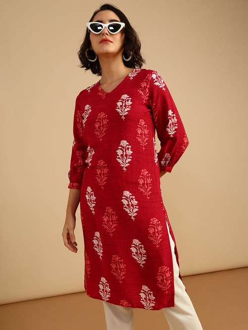 women printed three quarter sleeve straight kurta - 21956582 -  Standard Image - 0